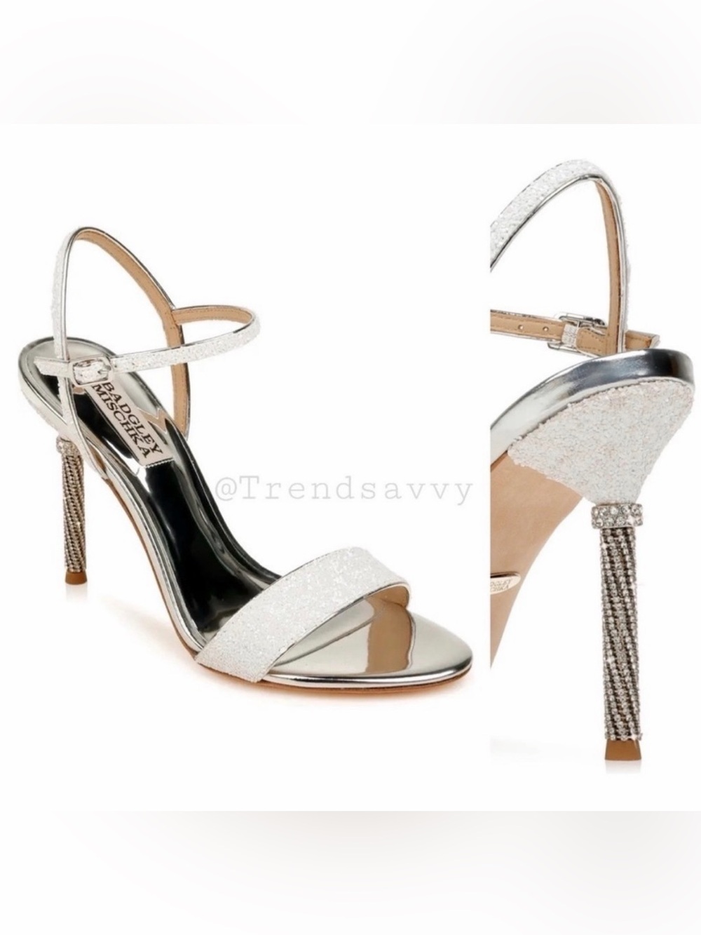 Badgley Mischka Olympia Crystal Heel Sandals White Glitter Size 8 Bridal NWT